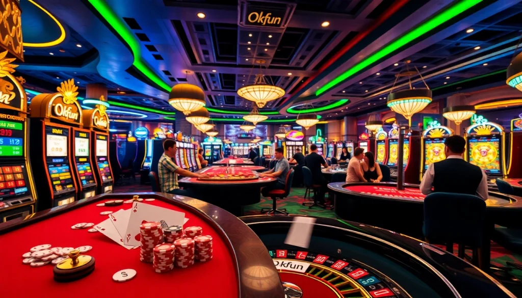 Okfun creates an exhilarating casino atmosphere with players enjoying poker and slot machines, showcasing vibrant gambling fun.